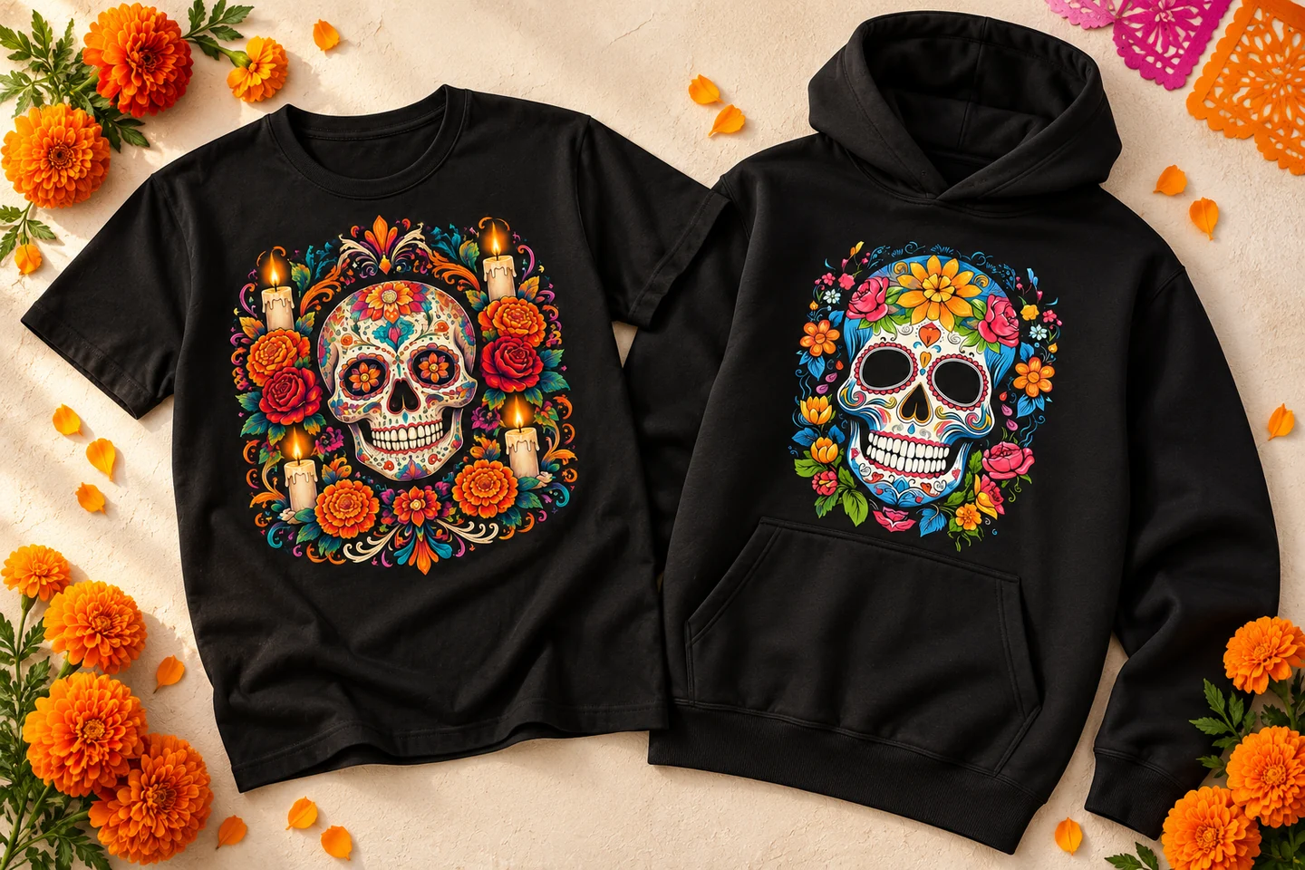 Playera y sudadera negras con calaveras florales, rodeadas de flores de cempasúchil