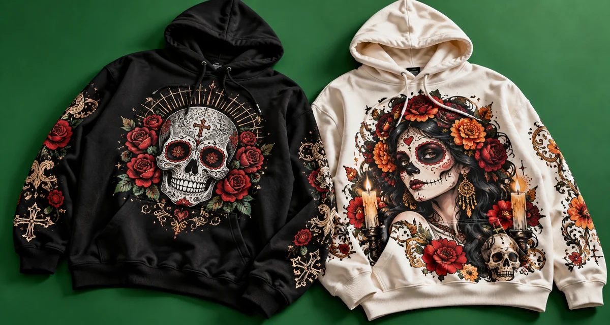 Sudaderas negra y crema con diseños de calaveras y Catrina.