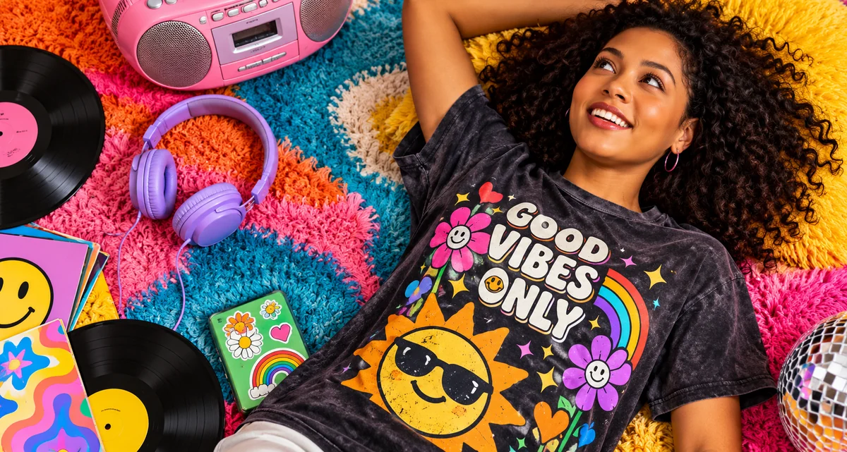 Playera Good Vibes Only con discos y accesorios retro.